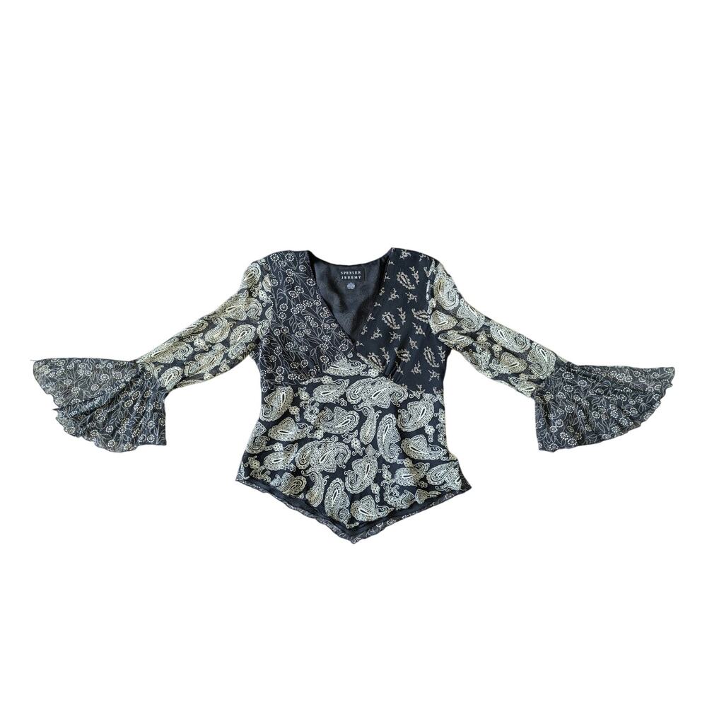 Y2K Spenser Jeremy Babydoll Flare Sleeve Top M Silk Black Beige Paisley Vampire
